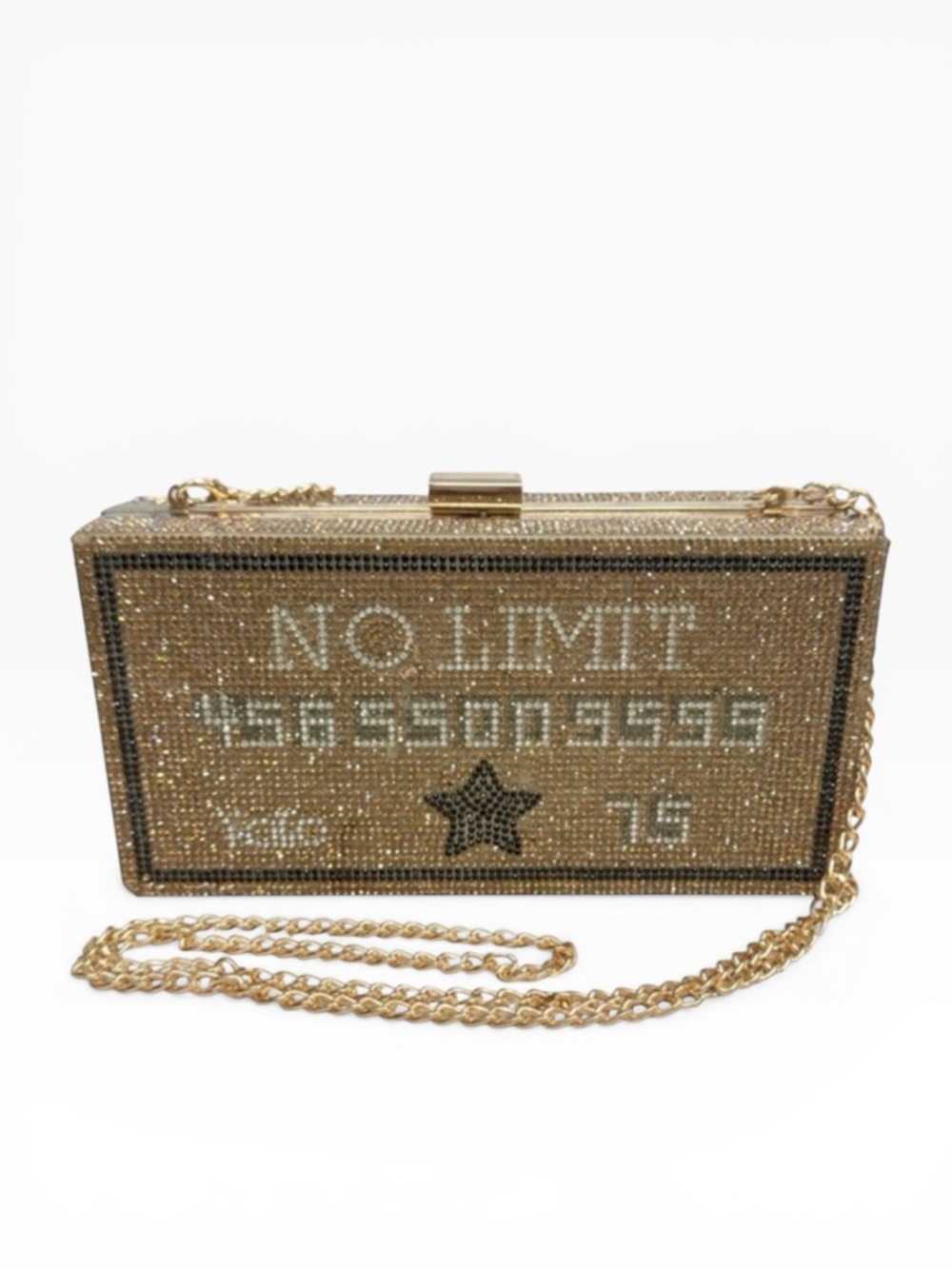 Gold Cash Rhinestone Crystal Clutch Purse No Limit Yolo Box Evening Bag